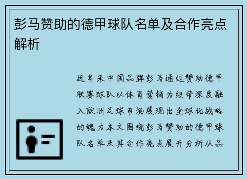 彭马赞助的德甲球队名单及合作亮点解析